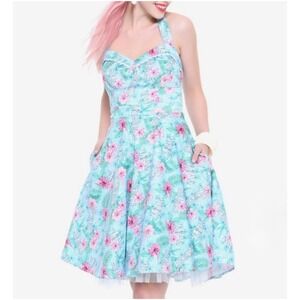 Hot Topic Tiki Floral Halter Swing Dress Women's Medium Blue Pink Hawaiian Tulle